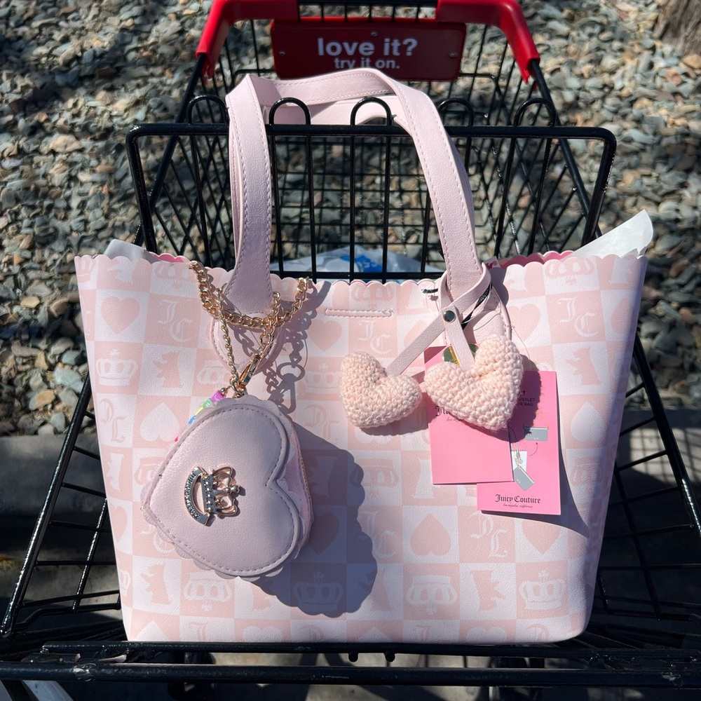 Juicy Couture Pink Tote Bag with Heart Charm & Jewelry Case & Wristlet